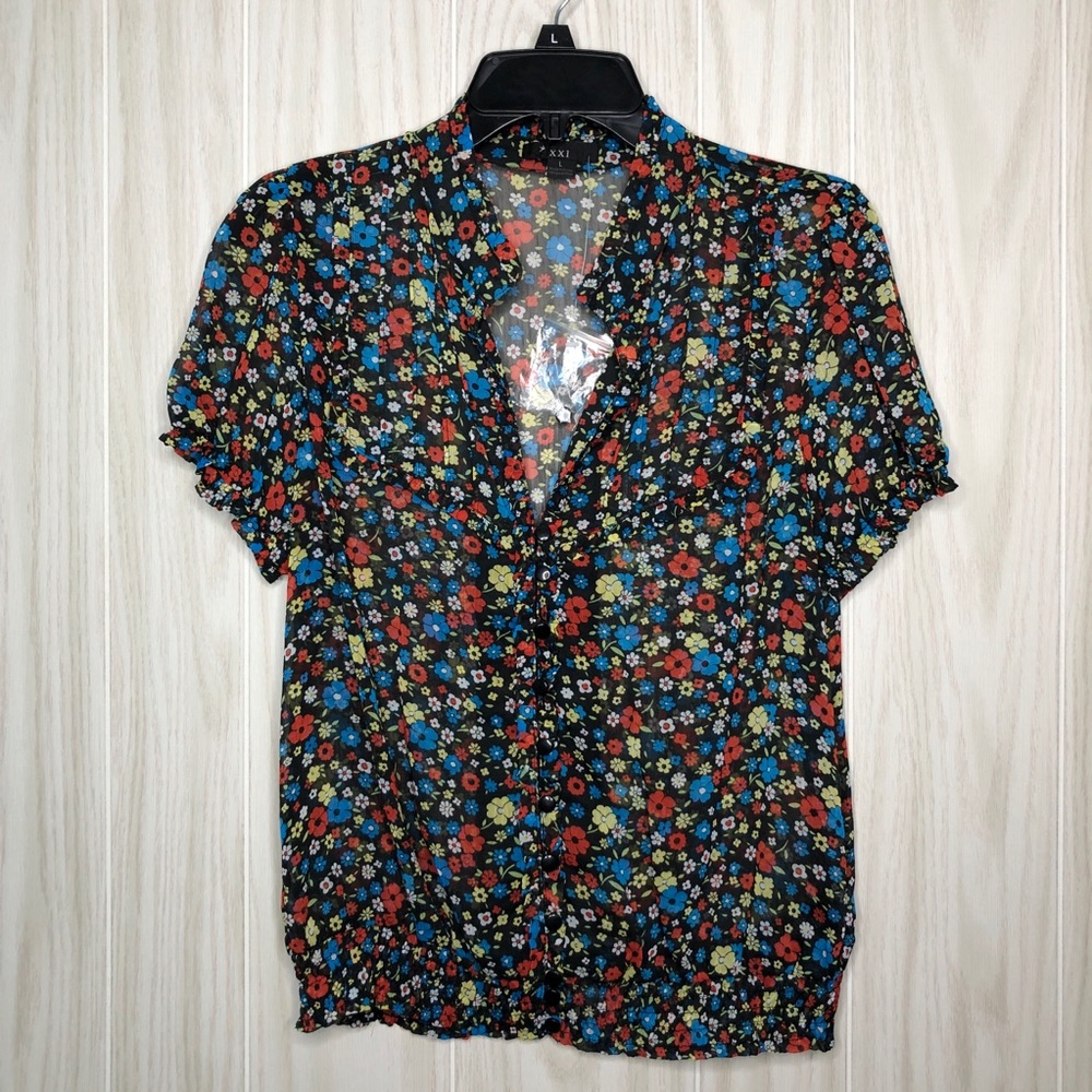 XXI Floral Black Sheer Blouse size Large